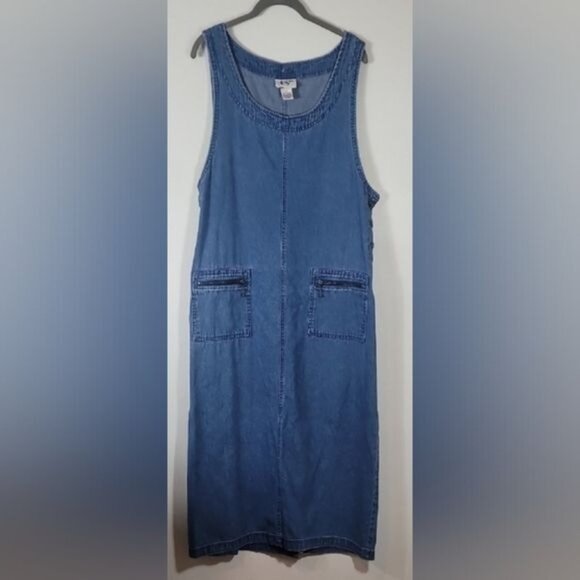 Vintage Denim Maxi Dress Size 14 Sleeveless Jumper Y2K 90s Pockets Chore Modest - Picture 1 of 11